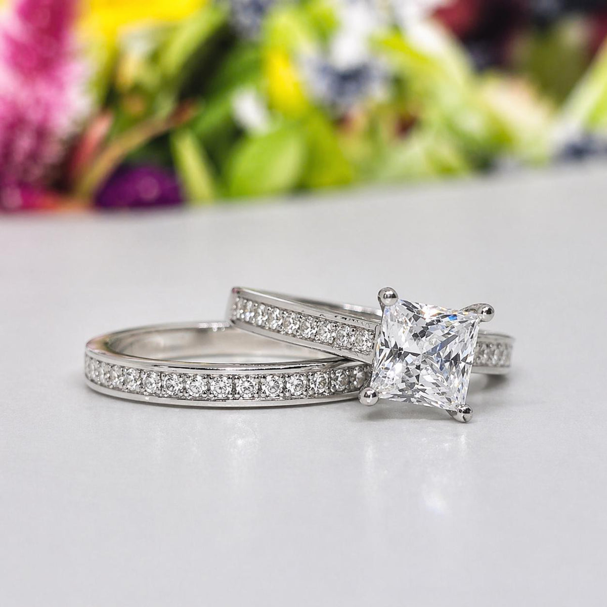 Princess Cut 1.5 Carat Moissanite Ring Set: Sterling Silver Wedding Engagement