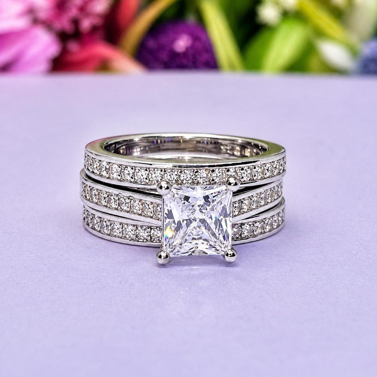 Princess Cut Moissanite Engagement Ring Set: Sterling Silver Anniversary Promise Ring