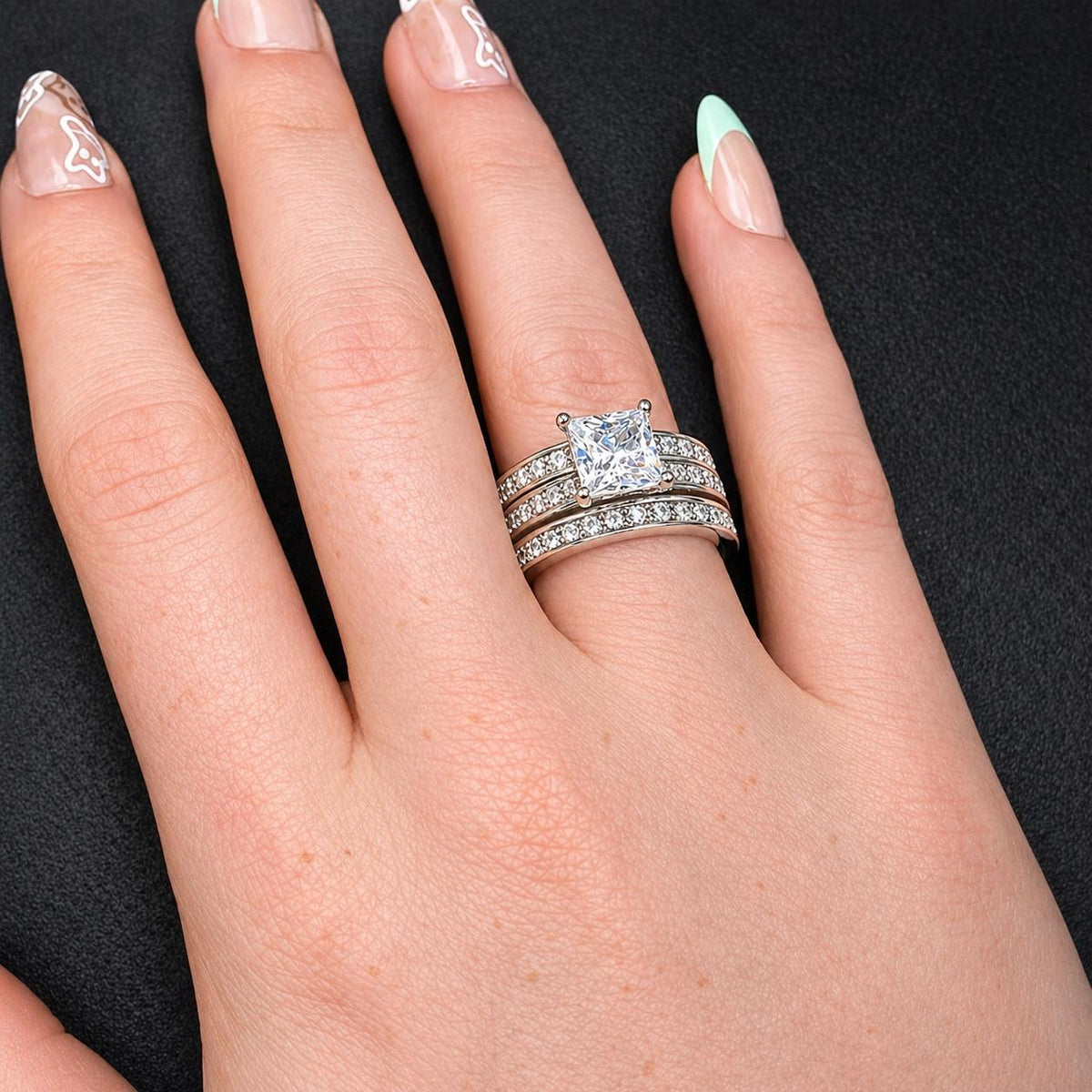 Princess Cut Moissanite Engagement Ring Set: Sterling Silver Anniversary Promise Ring