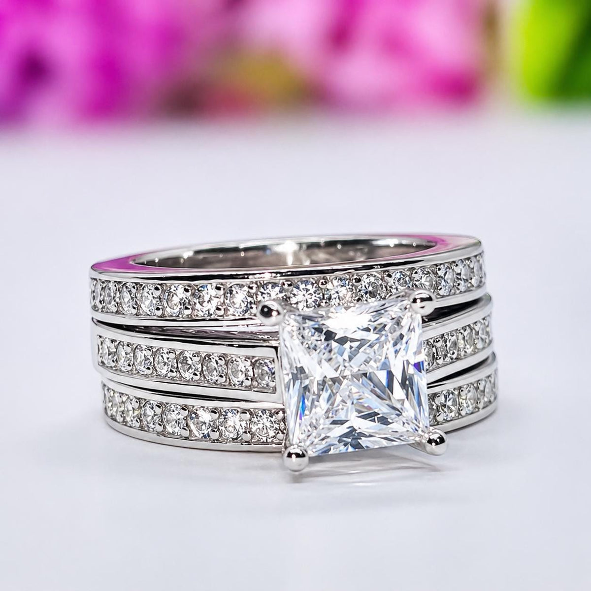 Princess Cut Moissanite Engagement Ring Set: Sterling Silver Anniversary Promise Ring
