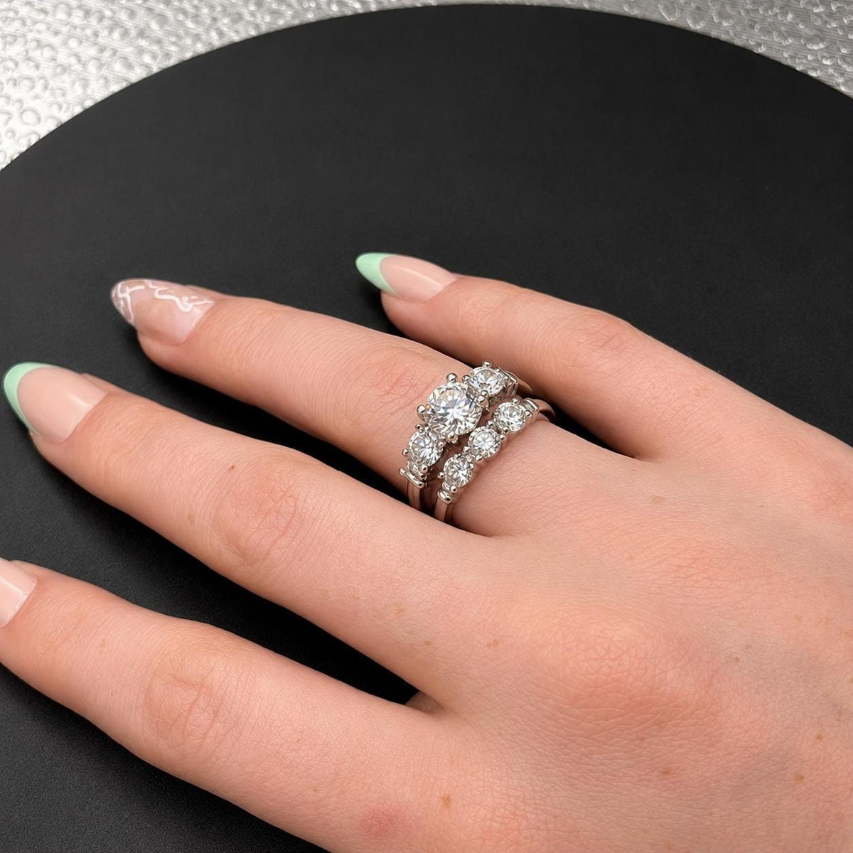 Art Deco Moissanite Engagement Ring Set: 1.25 Carat Sterling Silver Bridal Ring