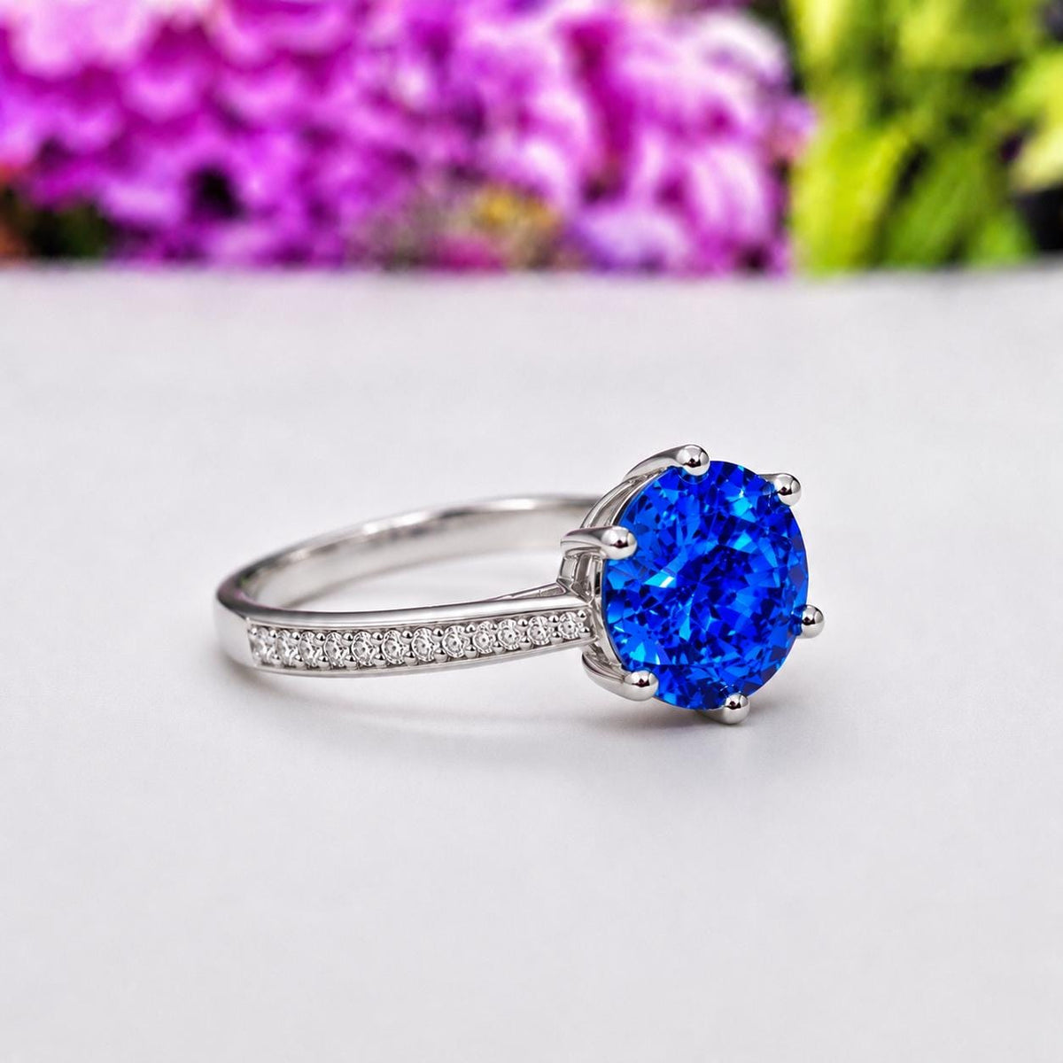Round Cut 3 Carat Blue Sapphire Engagement Ring : 925 Sterling Silver