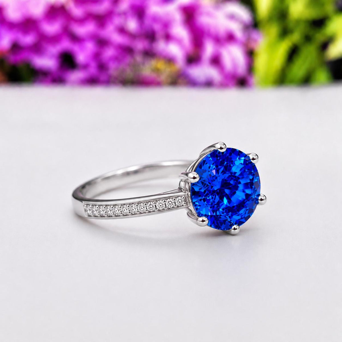 Round Cut 3 Carat Blue Sapphire Engagement Ring : 925 Sterling Silver
