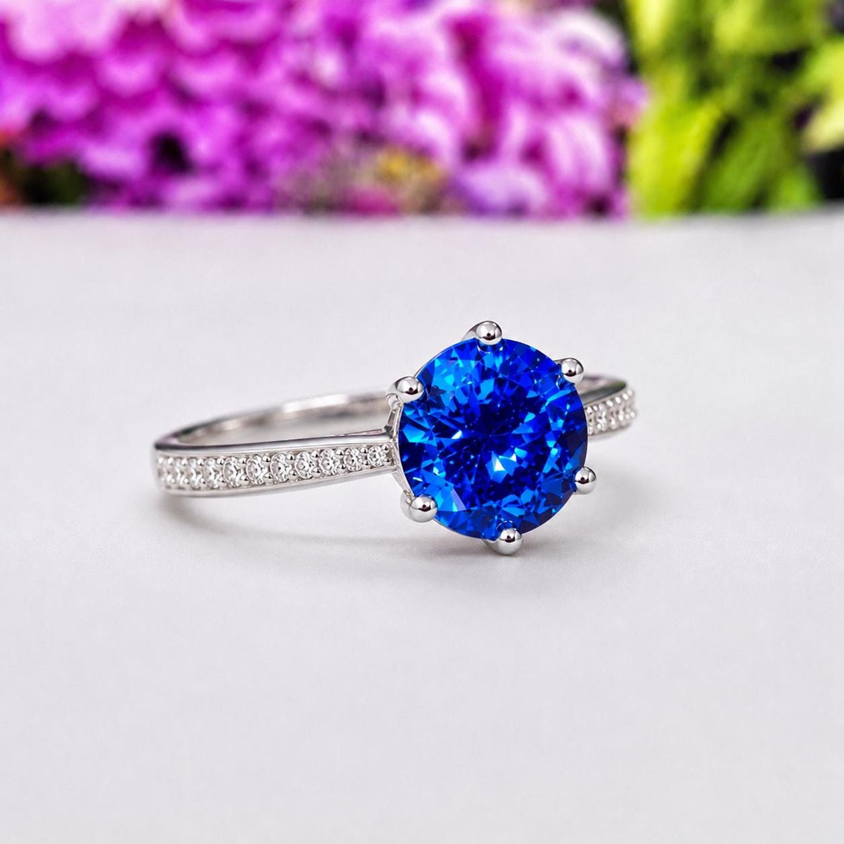 Round Cut 3 Carat Blue Sapphire Engagement Ring : 925 Sterling Silver