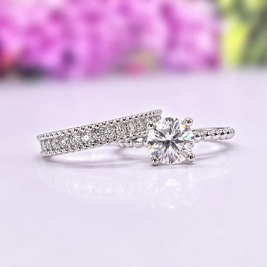 Round Cut Twist 1 Ct Moissanite Engagement Ring Set: 925 Sterling Silver