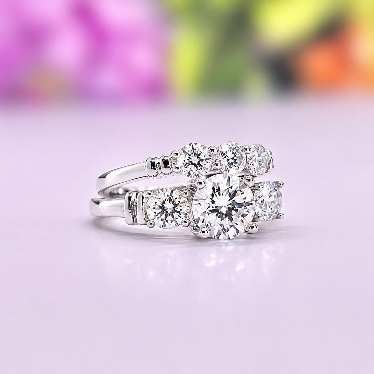 Art Deco Moissanite Engagement Ring Set: 1.25 Carat Sterling Silver Bridal Ring