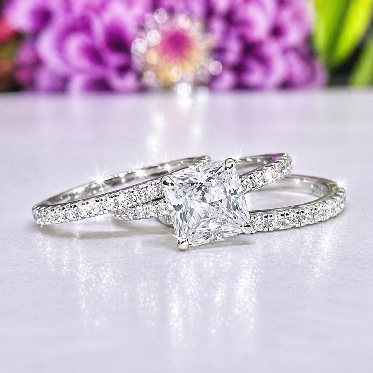 Princess Cut Moissanite Engagement Ring Set: Sterling Silver Bridal Rings