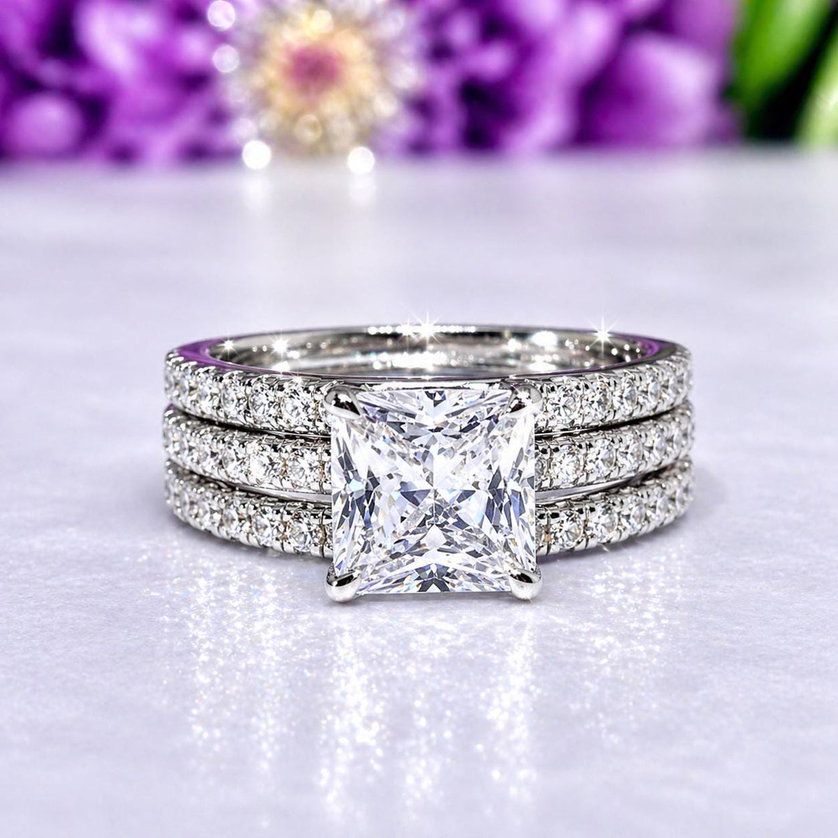 Princess Cut Moissanite Engagement Ring Set: Sterling Silver Bridal Rings