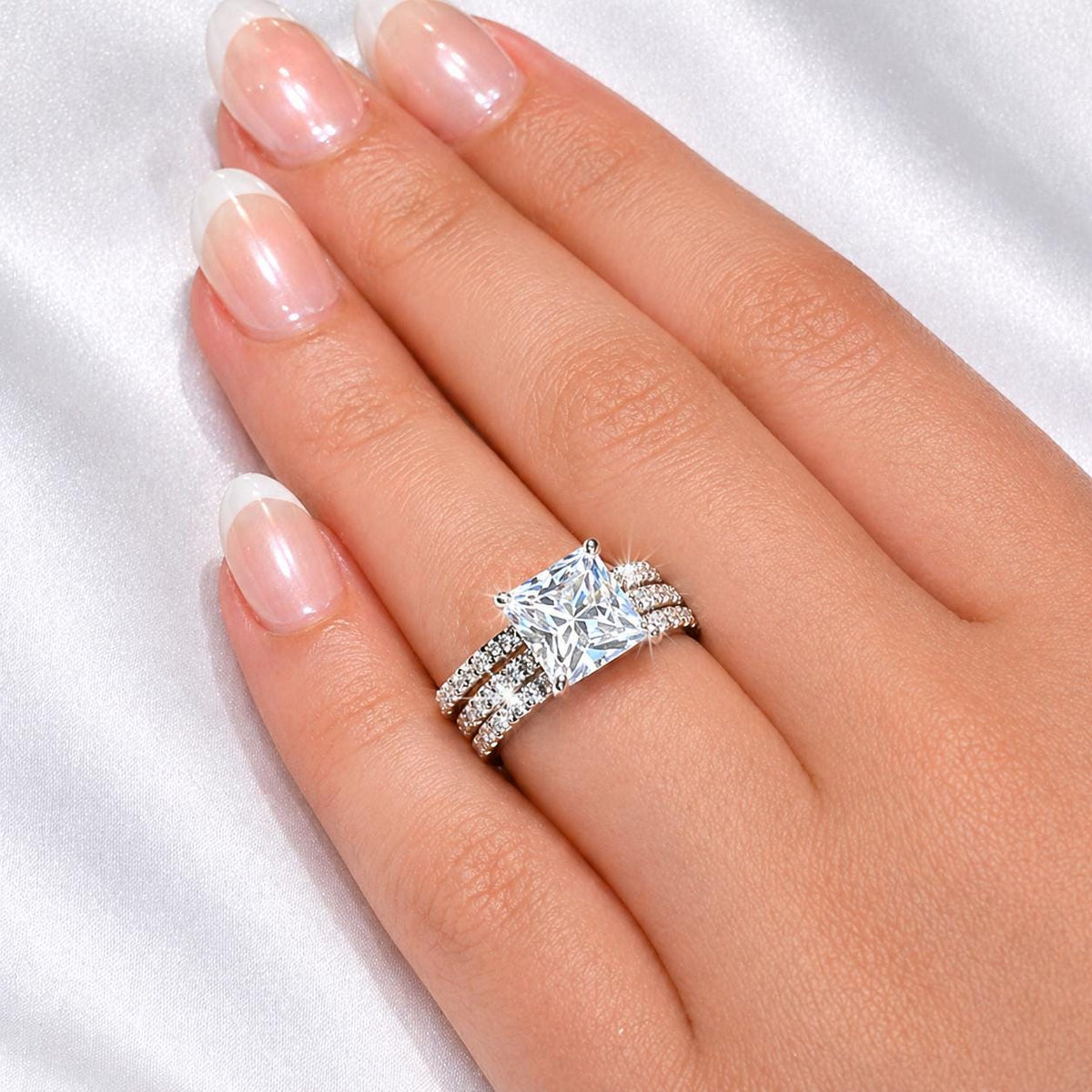 Princess Cut Moissanite Engagement Ring Set: Sterling Silver Bridal Rings
