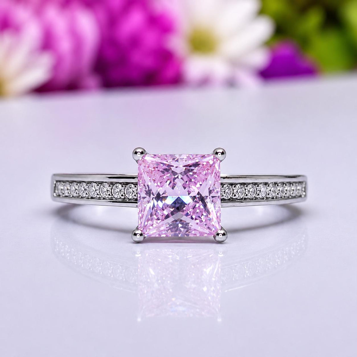 Princess Cut 1.5 Ct Champagne Pink Moissanite Diamond 925 Sterling Silver Wedding Engagement Ring