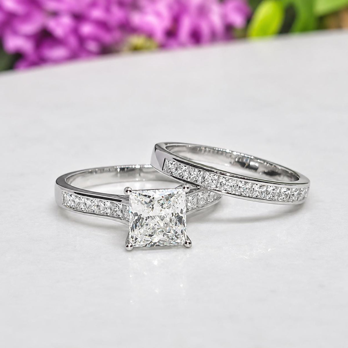 Princess Cut Moissanite Engagement Ring Set: 1.5 Carat Sterling Silver
