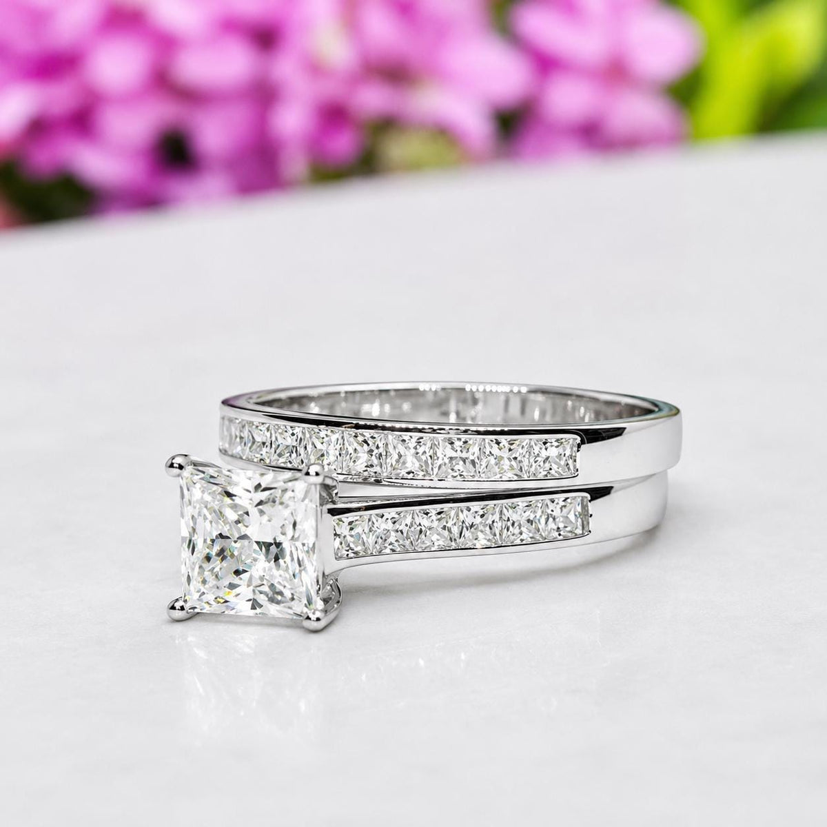 Princess Cut Moissanite Engagement Ring Set: 1.5 Carat Sterling Silver