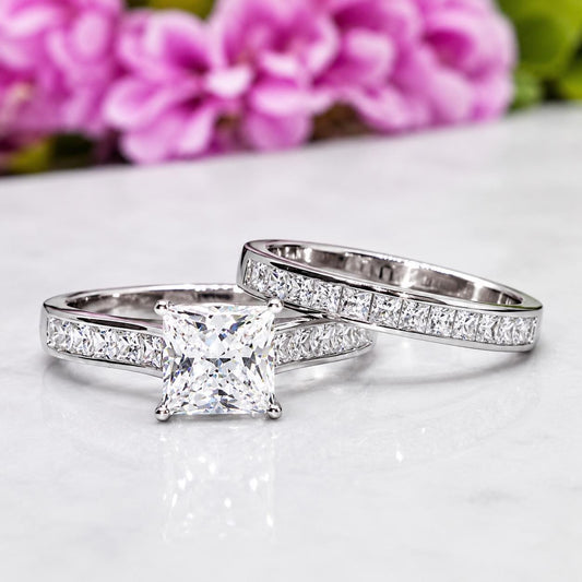 Princess Cut Moissanite Engagement Ring Set: 1.5 Carat Sterling Silver
