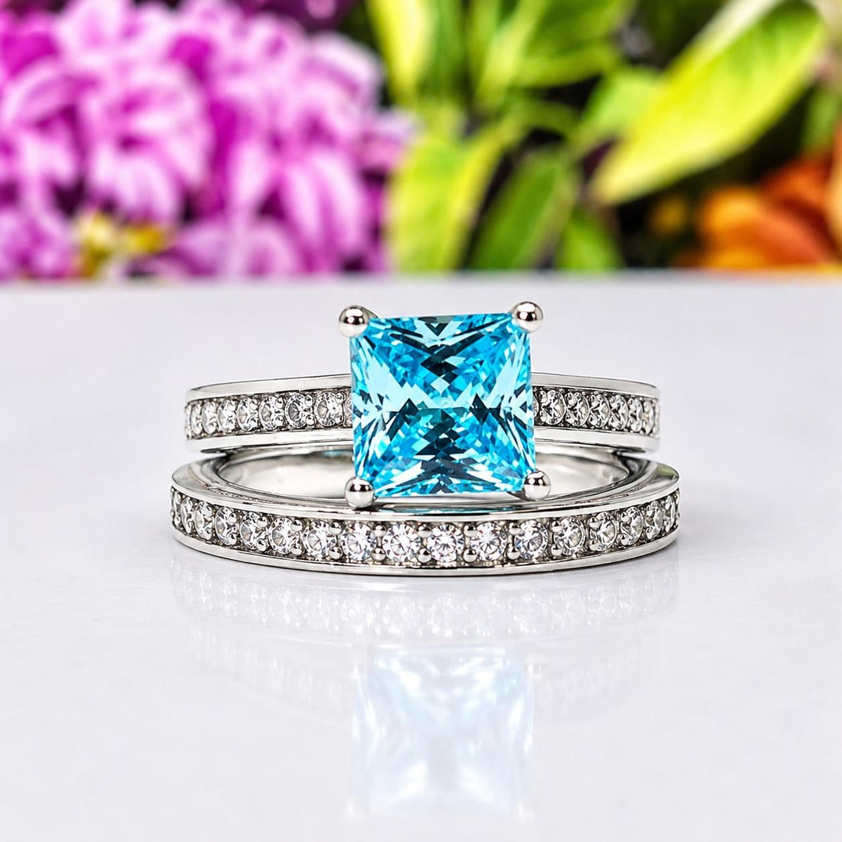Princess Cut 1.5 Carat Blue Sapphire Sterling Silver Engagement Ring Set