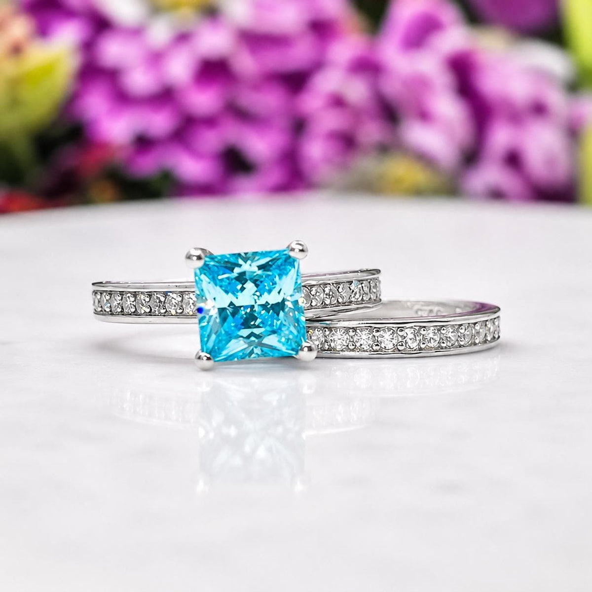 Princess Cut 1.5 Carat Blue Sapphire Sterling Silver Engagement Ring Set