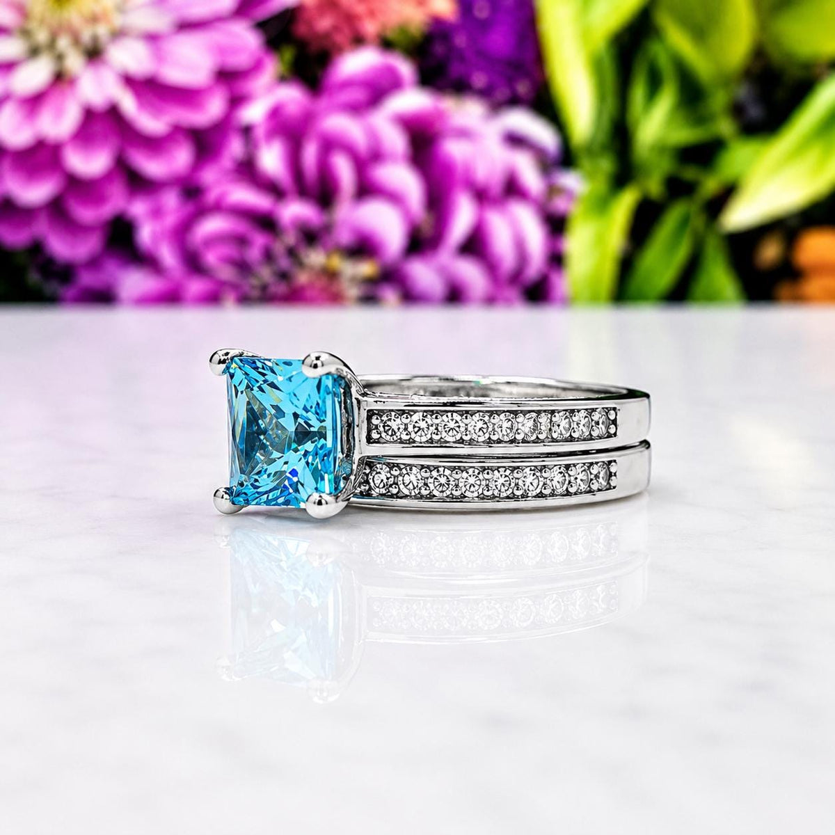 Princess Cut 1.5 Carat Blue Sapphire Sterling Silver Engagement Ring Set