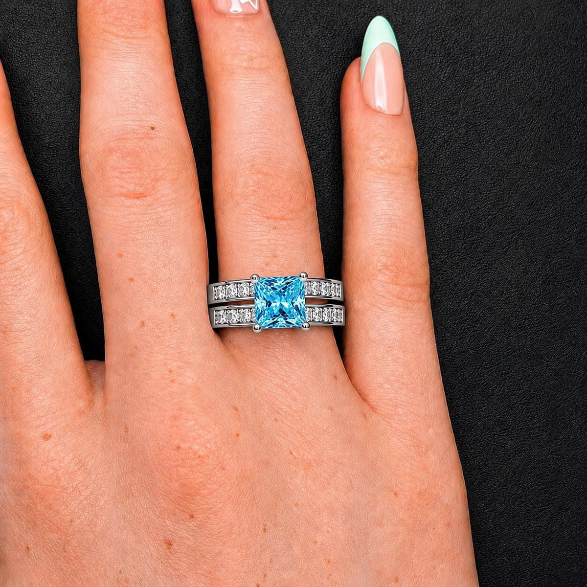 Princess Cut 1.5 Carat Blue Sapphire Sterling Silver Engagement Ring Set