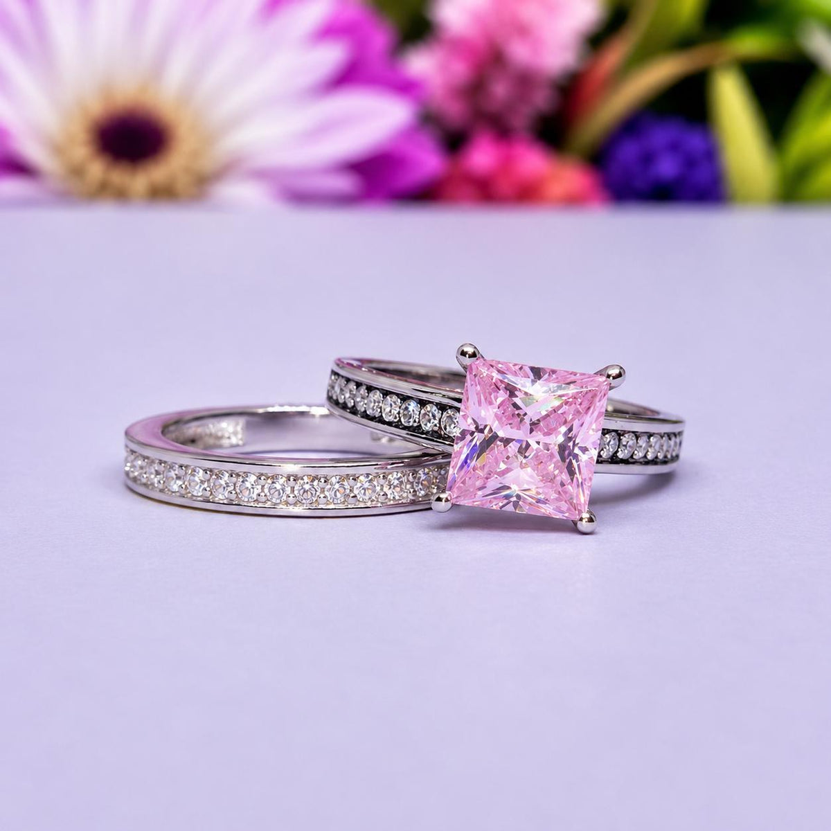 Pink Sapphire Ring Set 1.5 Carat Princess Cut : Sterling Silver Wedding