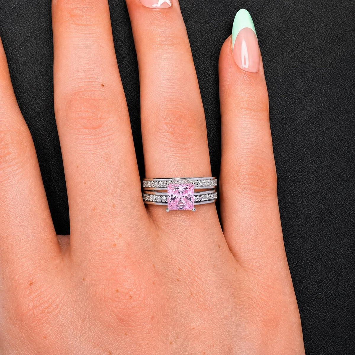 Pink Sapphire Ring Set 1.5 Carat Princess Cut : Sterling Silver Wedding