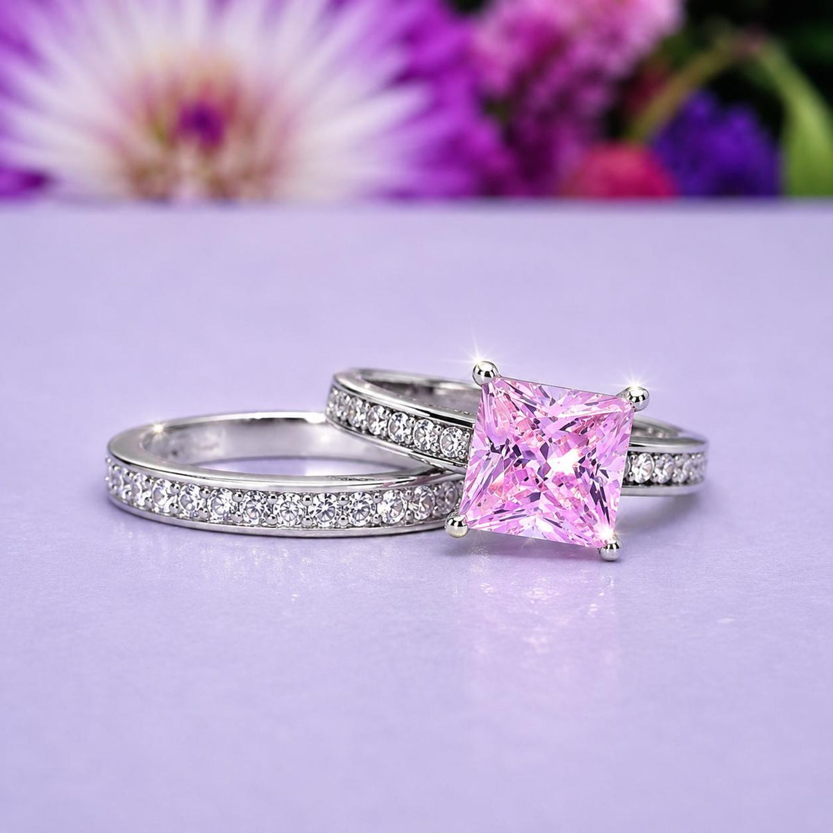 Pink Sapphire Ring Set 1.5 Carat Princess Cut : Sterling Silver Wedding