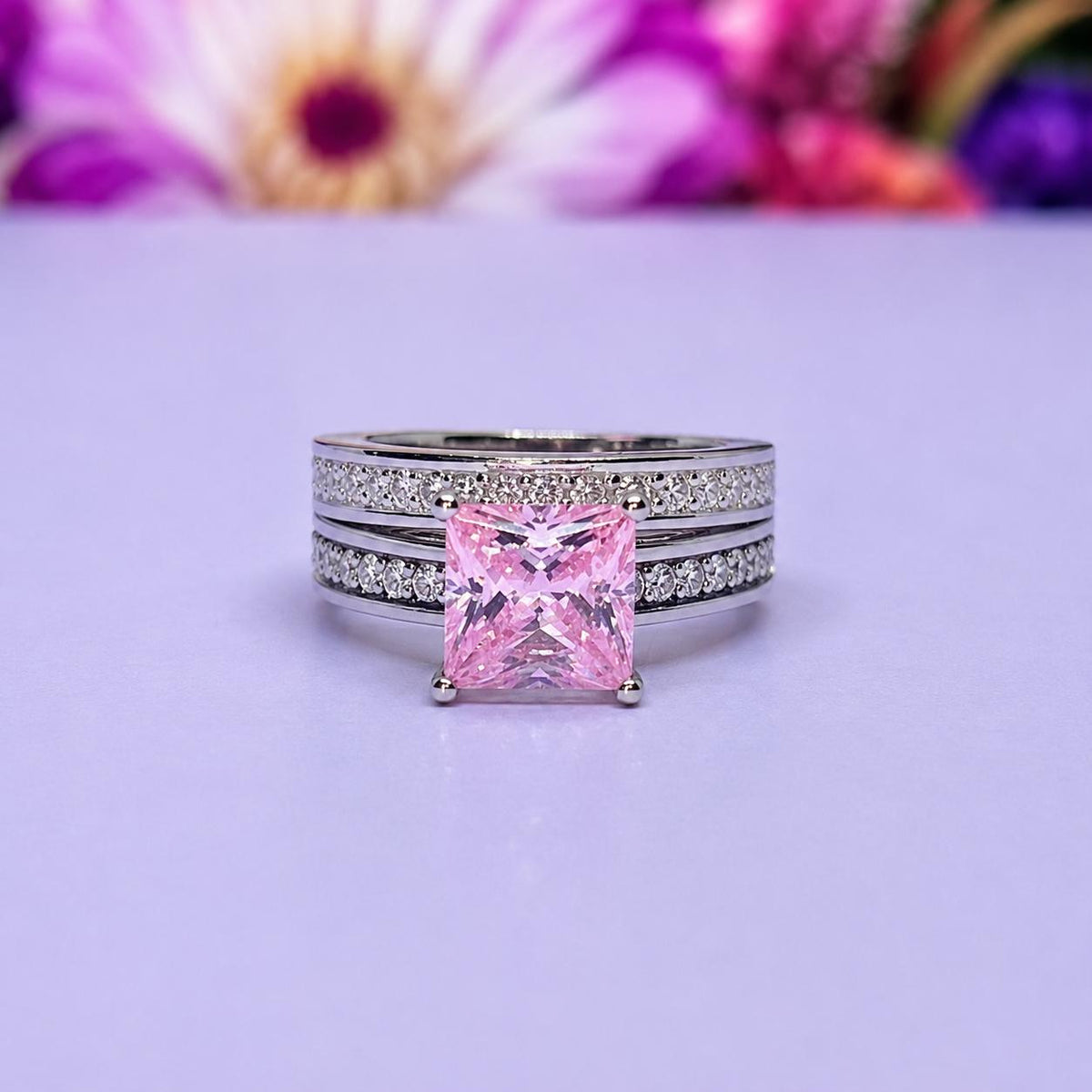 Pink Sapphire Ring Set 1.5 Carat Princess Cut : Sterling Silver Wedding