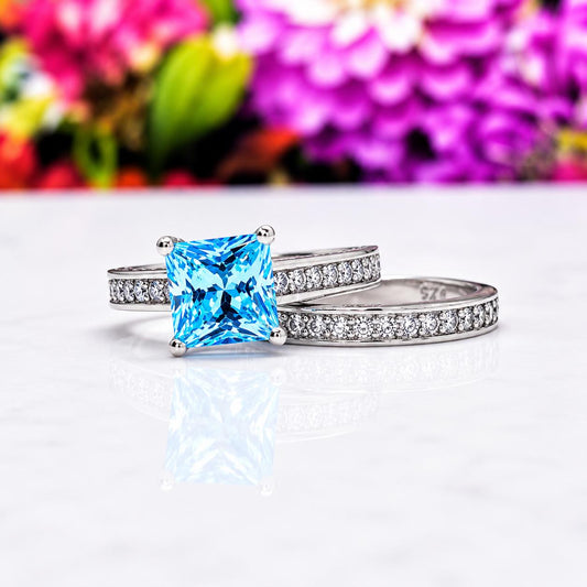 Princess Cut 1.5 Carat Blue Sapphire Sterling Silver Engagement Ring Set