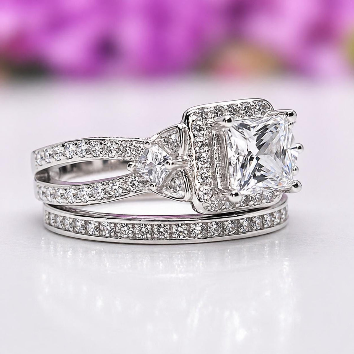 Princess Cut 1.5 Carat Moissanite Ring Set: Sterling Silver Wedding Anniversary Ring