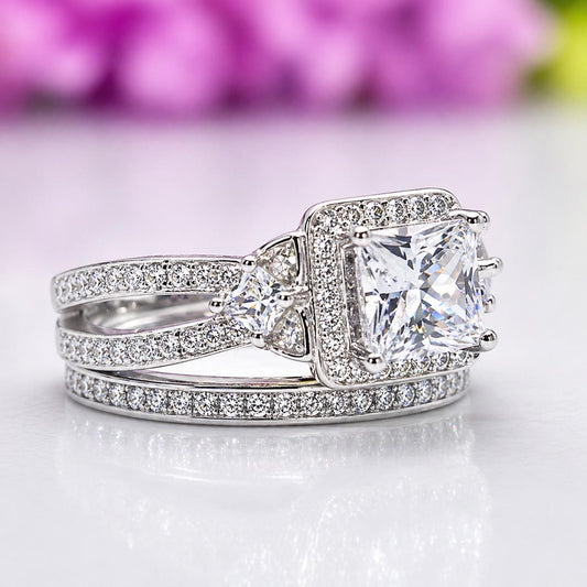 Princess Cut 1.5 Carat Moissanite Ring Set: Sterling Silver Wedding Anniversary Ring