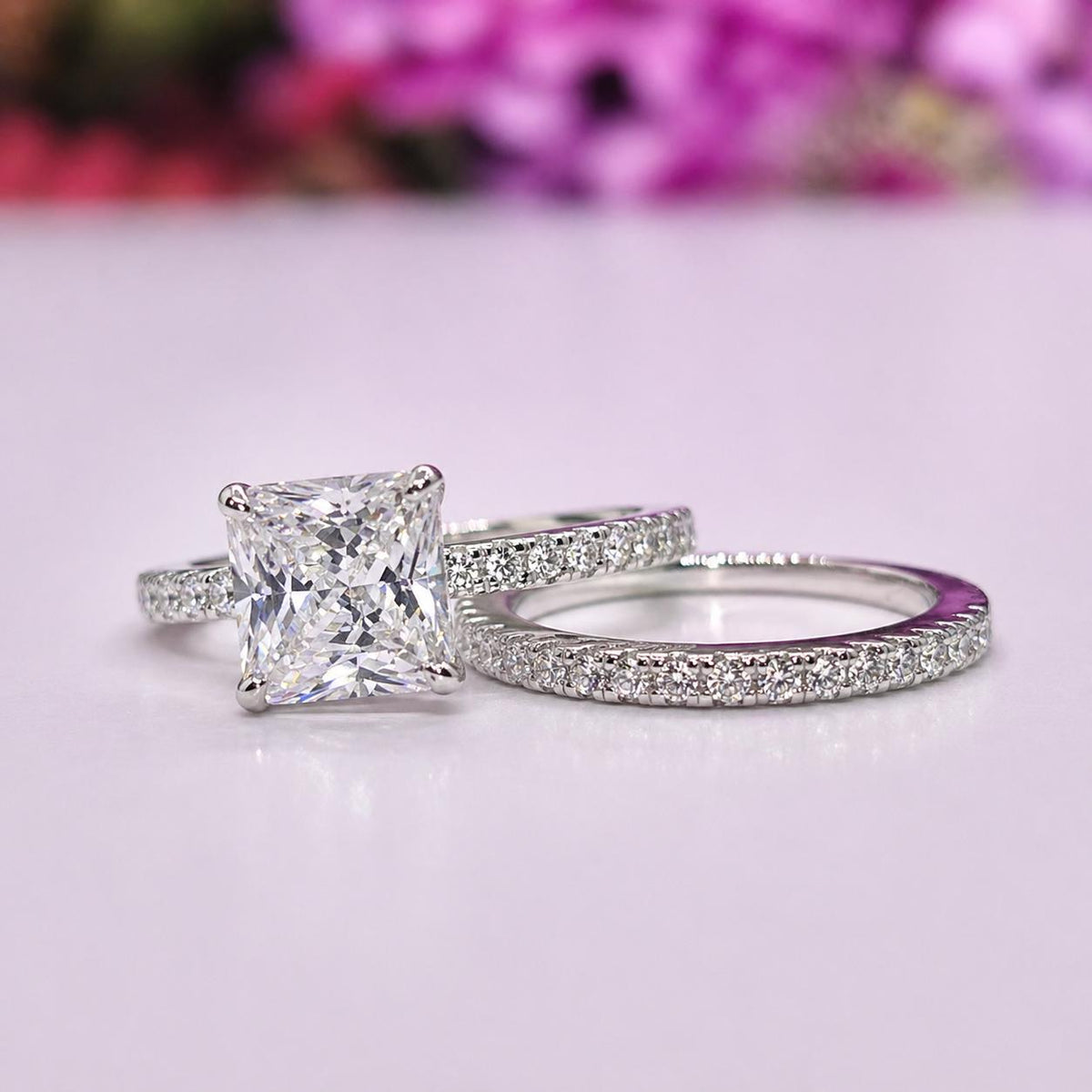 Princess Cut 1.5 Carat Moissanite Sterling Silver Bridal Ring Set