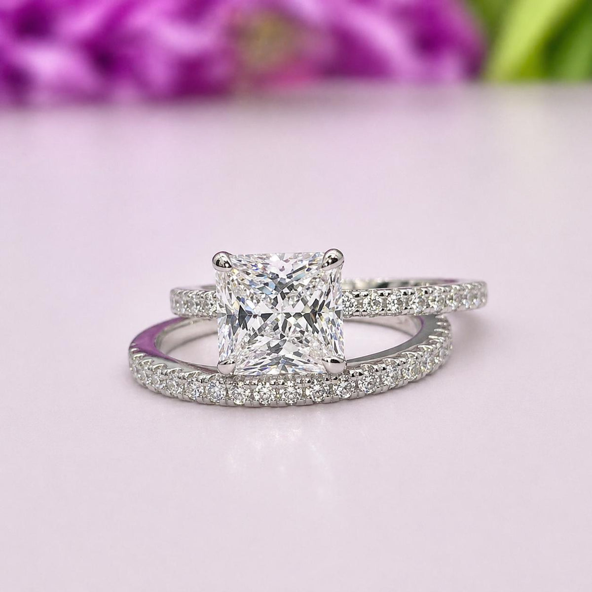 Princess Cut 1.5 Carat Moissanite Sterling Silver Bridal Ring Set