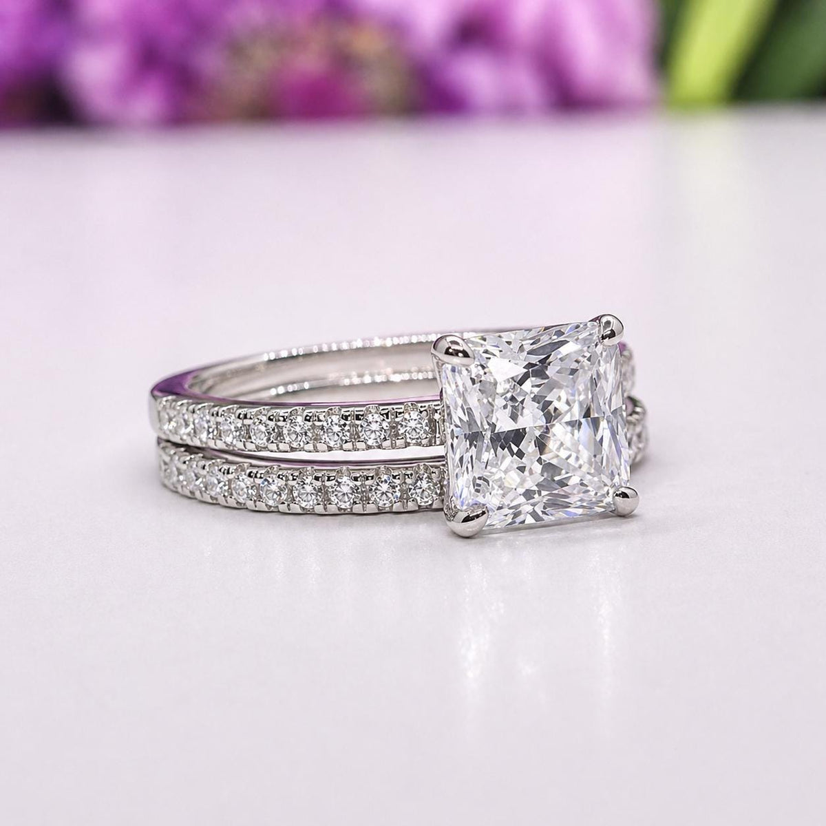 Princess Cut 1.5 Carat Moissanite Sterling Silver Bridal Ring Set