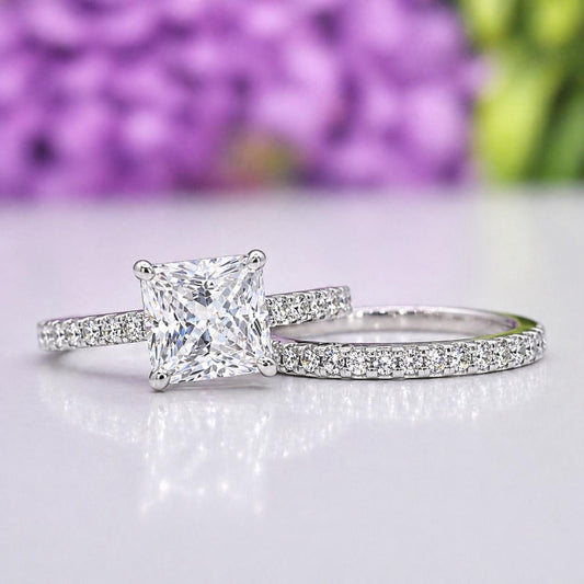 Princess Cut 1.5 Carat Moissanite Sterling Silver Bridal Ring Set