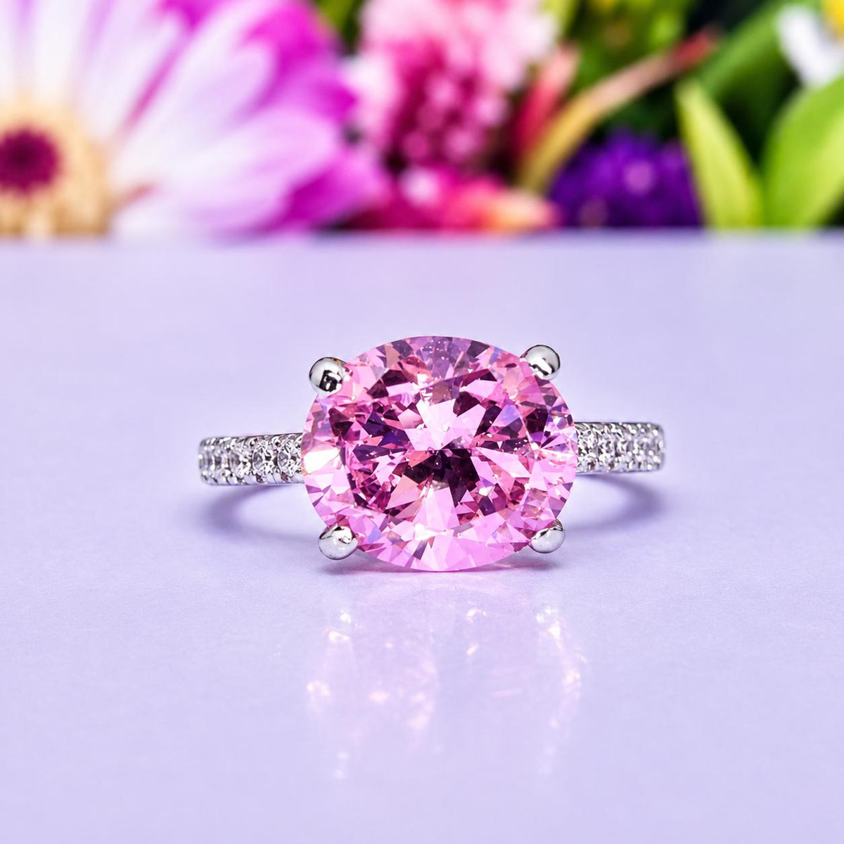 Oval Cut 4 CT Pink Sapphire Ring: 925 Sterling Silver