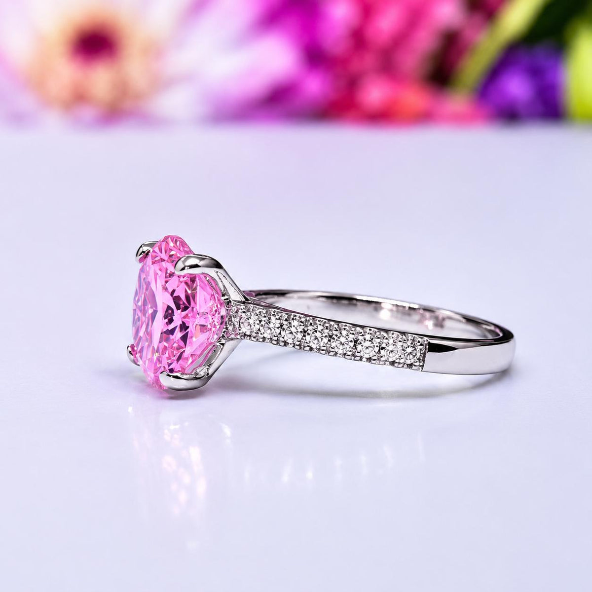 Oval Cut 4 CT Pink Sapphire Ring: 925 Sterling Silver