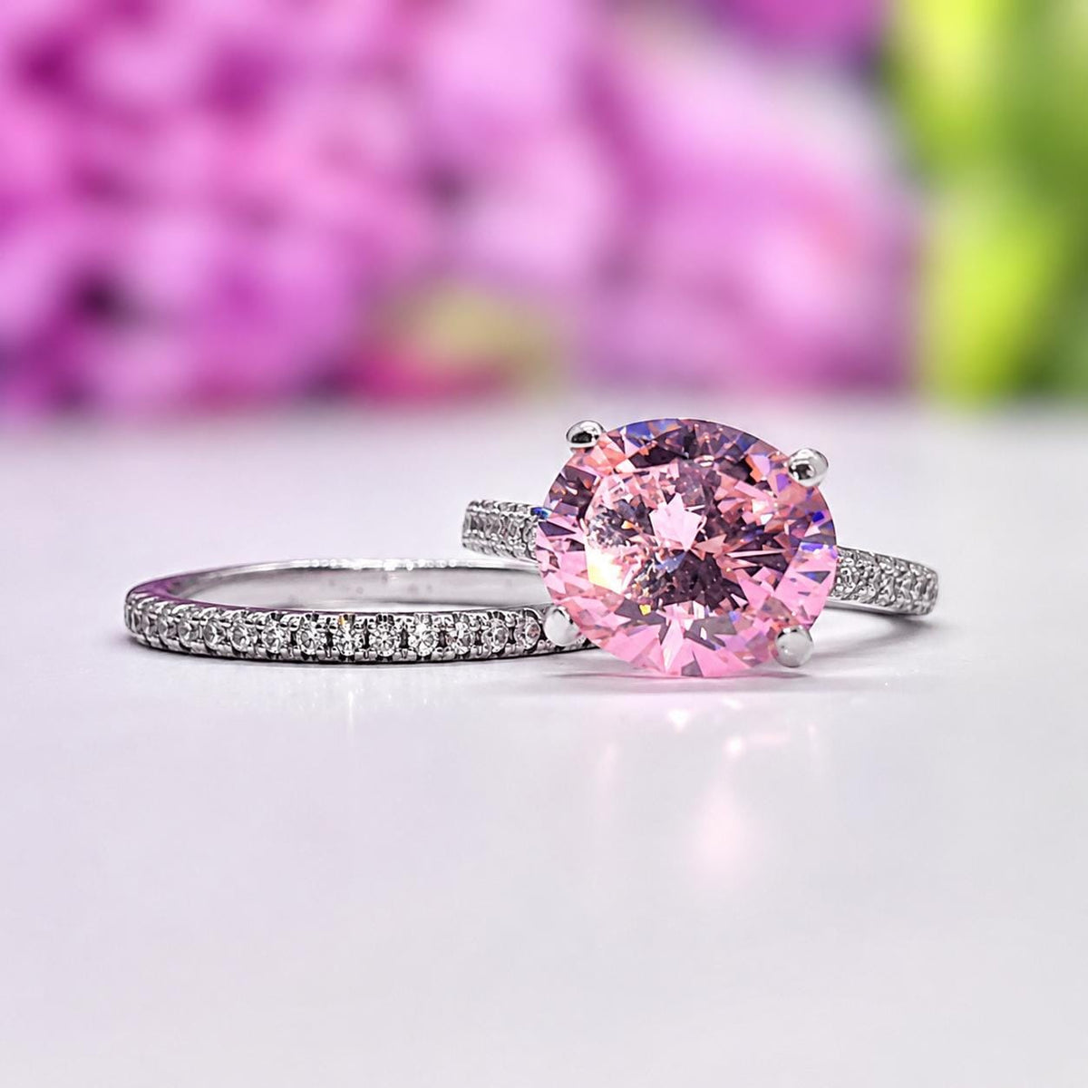 Pink Sapphire Sterling Silver Ring Set: Oval Cut Engagement Ring
