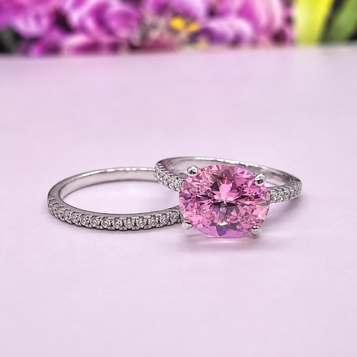 Pink Sapphire Sterling Silver Ring Set: Oval Cut Engagement Ring