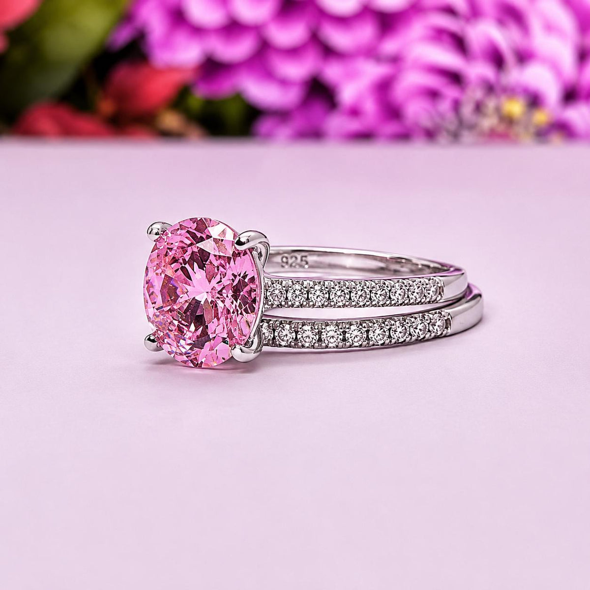 Pink Sapphire Sterling Silver Ring Set: Oval Cut Engagement Ring