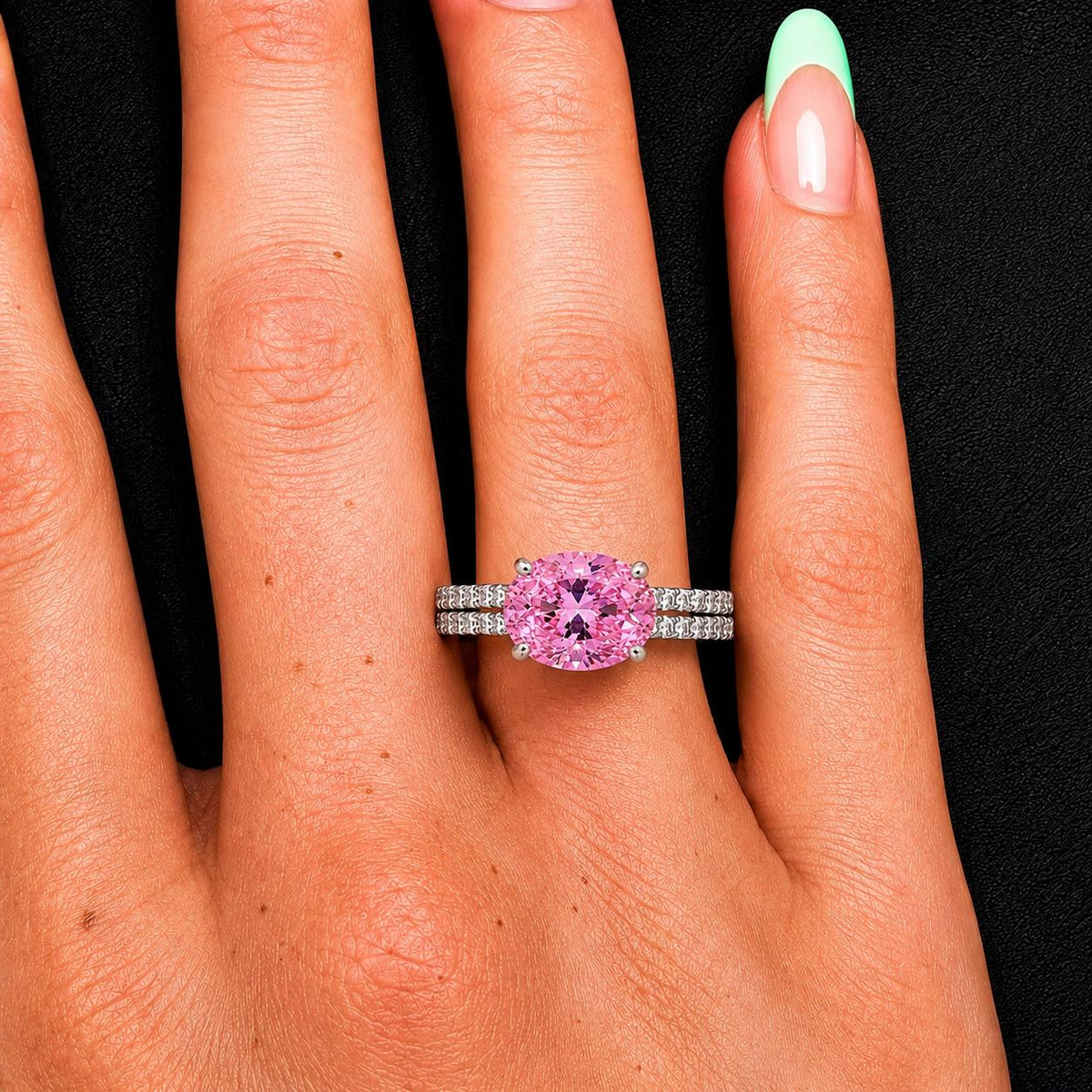 Pink Sapphire Sterling Silver Ring Set: Oval Cut Engagement Ring