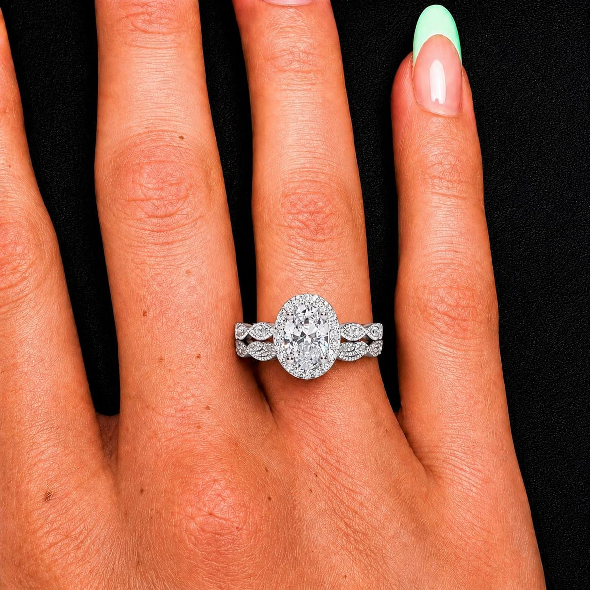 Oval Cut 1.5 Carat Moissanite Diamond Bridal Art Deco Style Engagement Wedding Ring Set