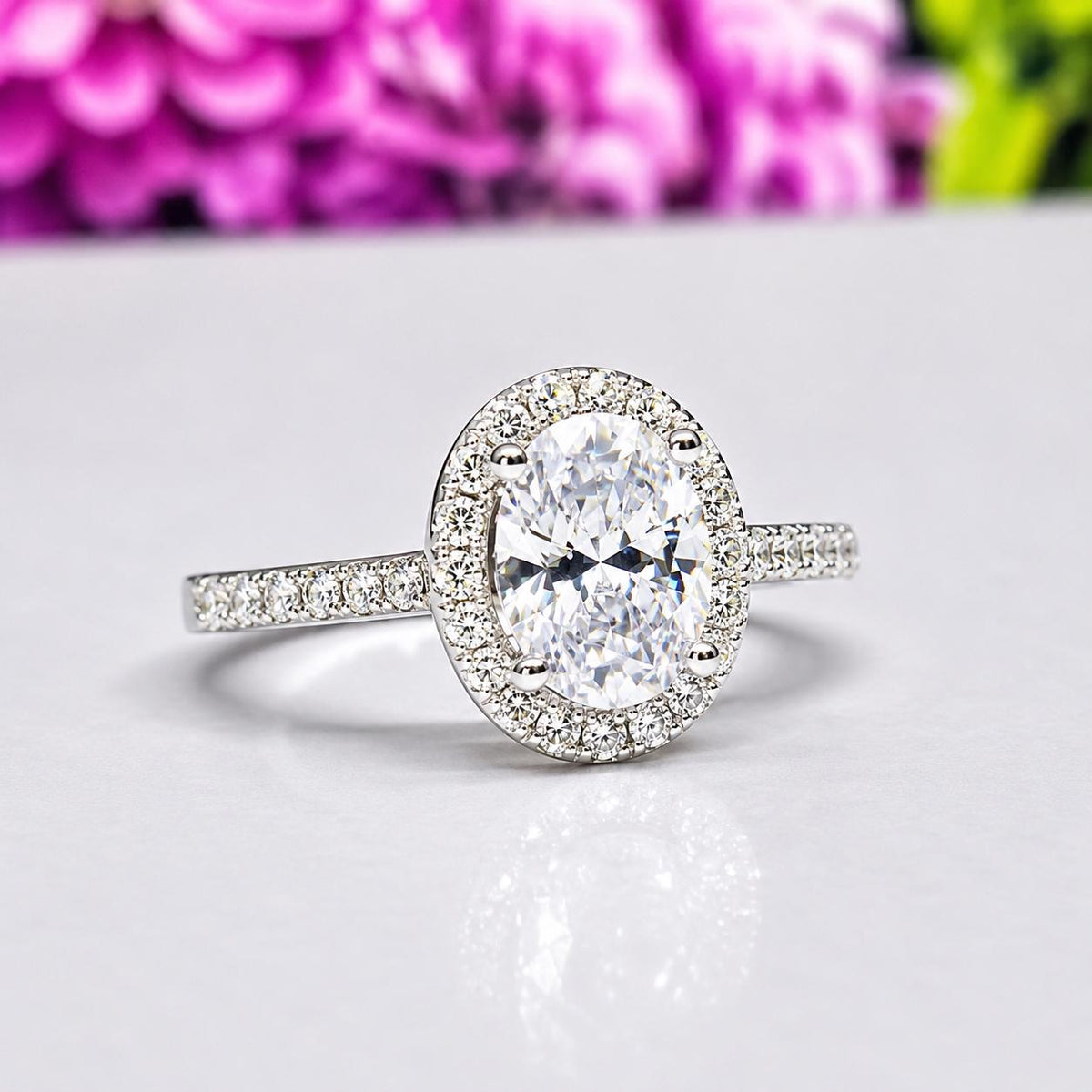 Oval Moissanite Ring 1.5 Carat Halo : 925 Sterling Silver