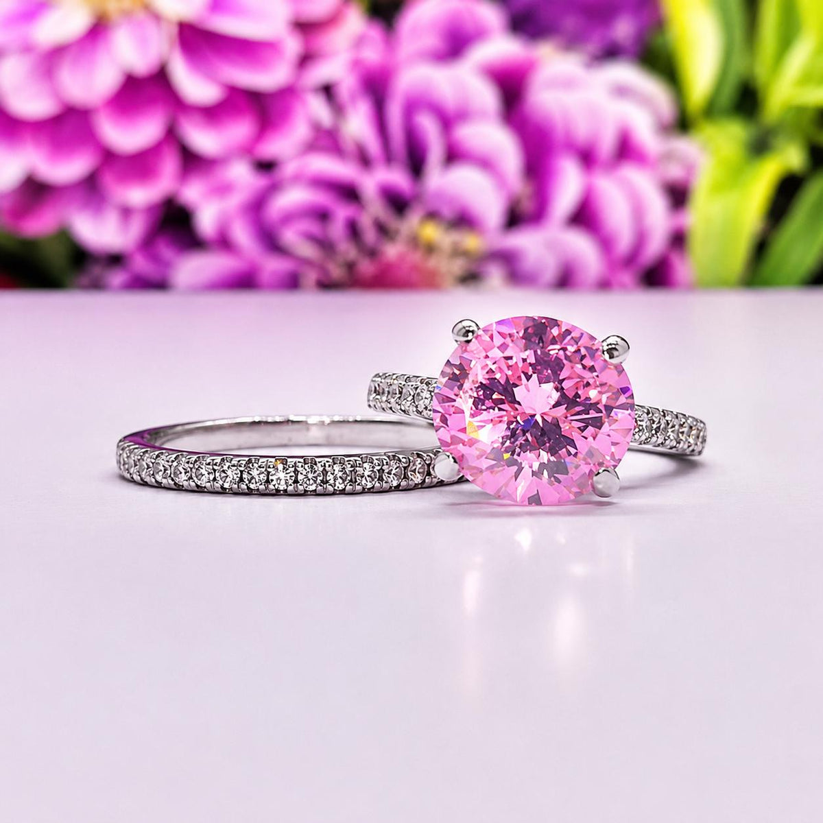 Pink Sapphire Sterling Silver Ring Set: Oval Cut Engagement Ring