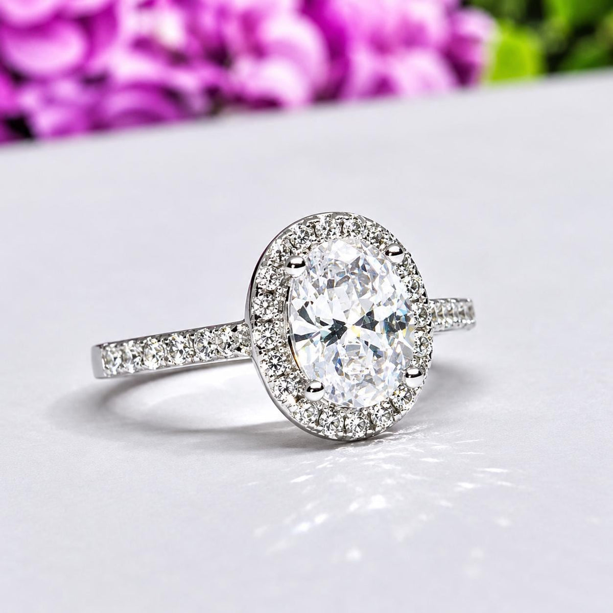 Oval Moissanite Ring 1.5 Carat Halo : 925 Sterling Silver