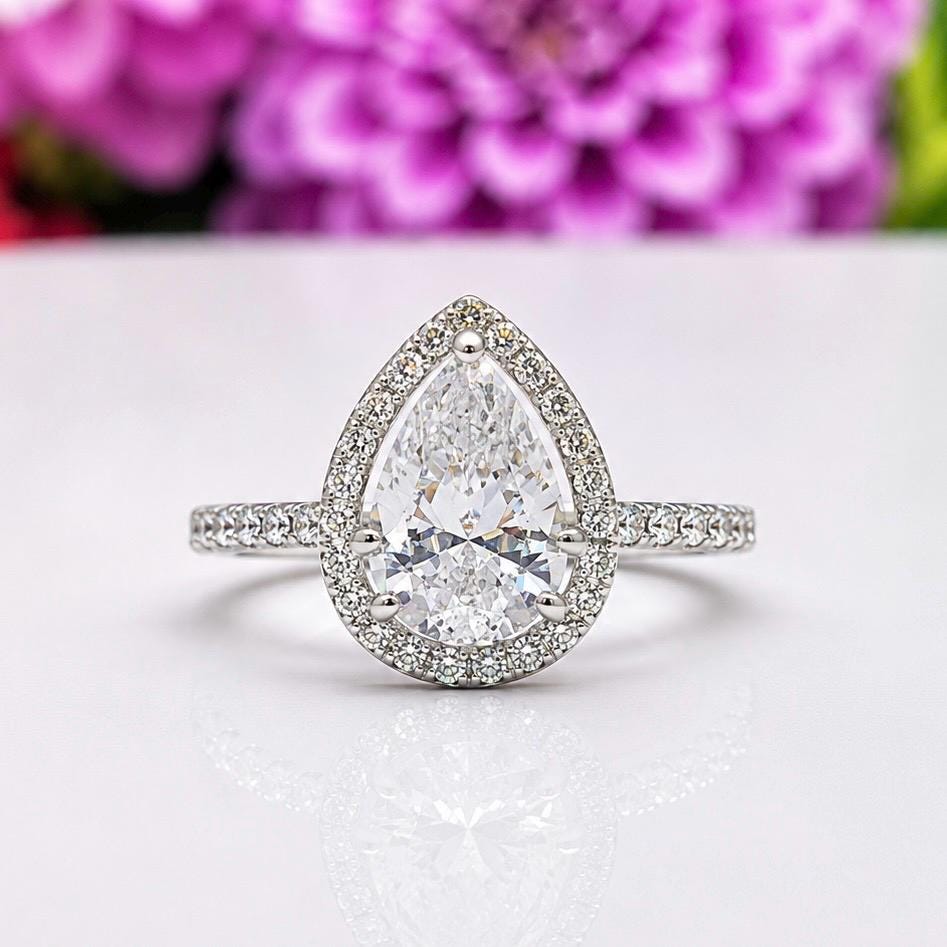 Pear Cut 2 Carat Moissanite Engagement Ring: 925 Sterling Silver Promise Ring