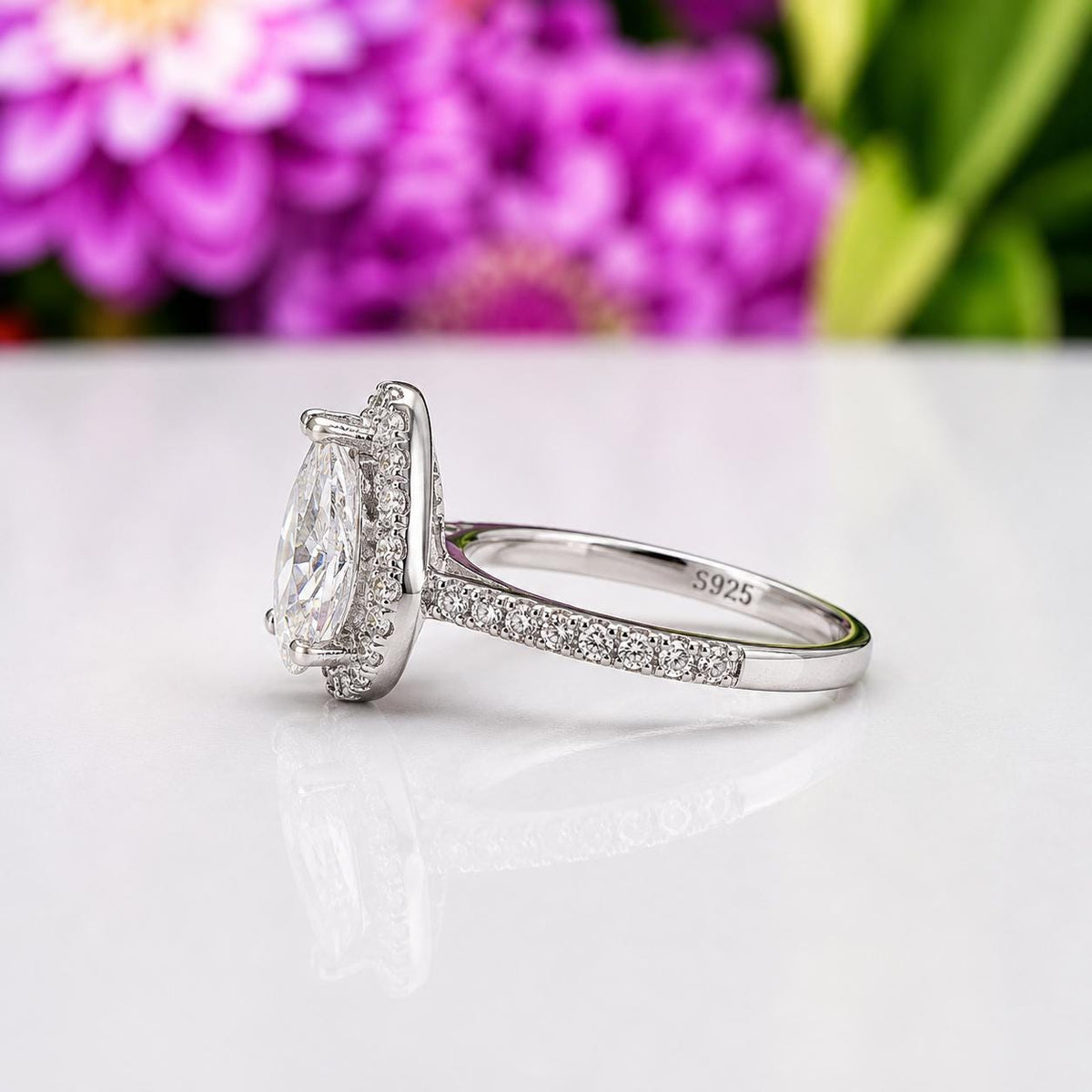 Pear Cut 2 Carat Moissanite Engagement Ring: 925 Sterling Silver Promise Ring