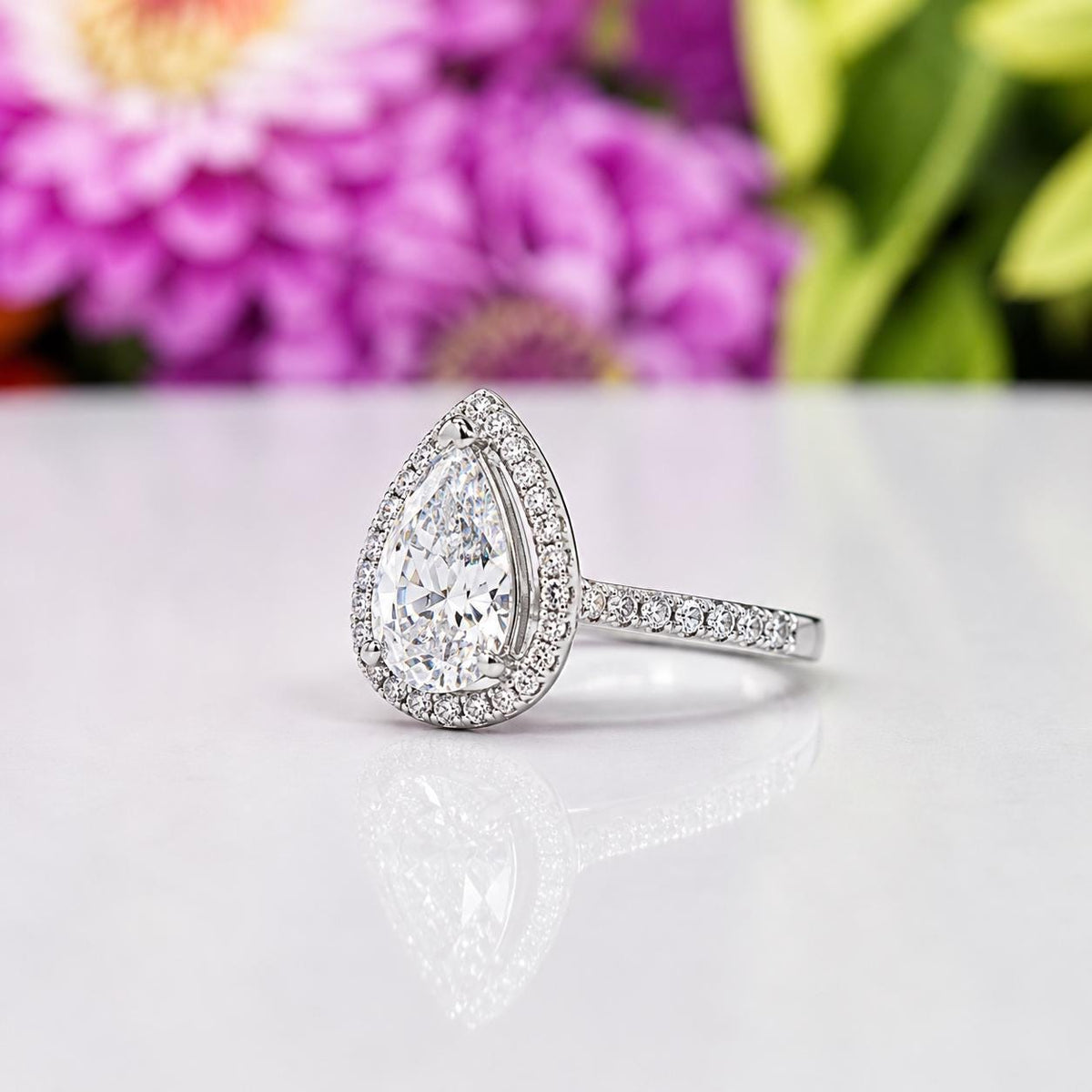 Pear Cut 2 Carat Moissanite Engagement Ring: 925 Sterling Silver Promise Ring