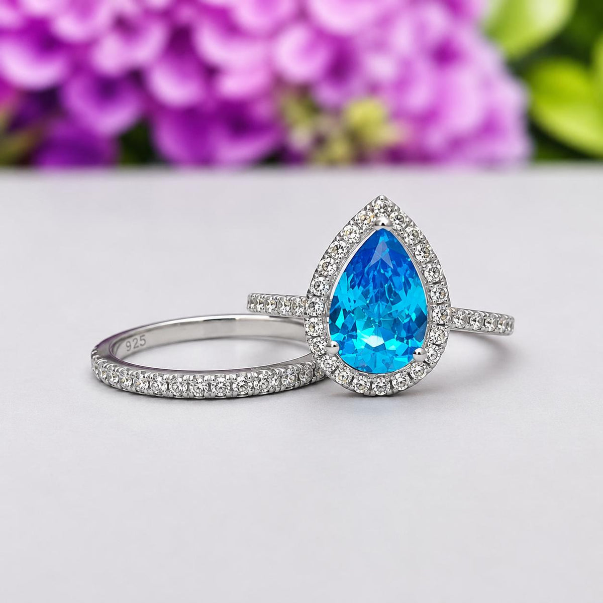 Pear Cut 2 CT Blue Sapphire Ring Set: Sterling Silver Bridal Promise Ring
