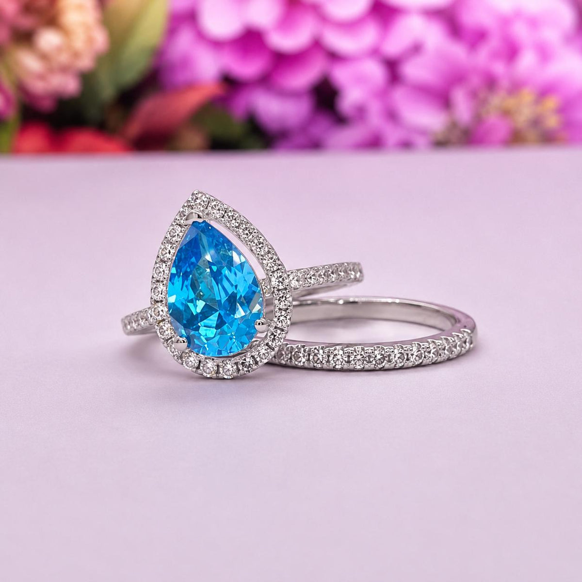 Pear Cut 2 CT Blue Sapphire Ring Set: Sterling Silver Bridal Promise Ring