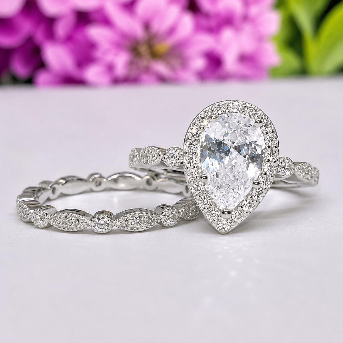 Pear Engagement Ring Set 1.5 Carat Moissanite : 925 Sterling Silver