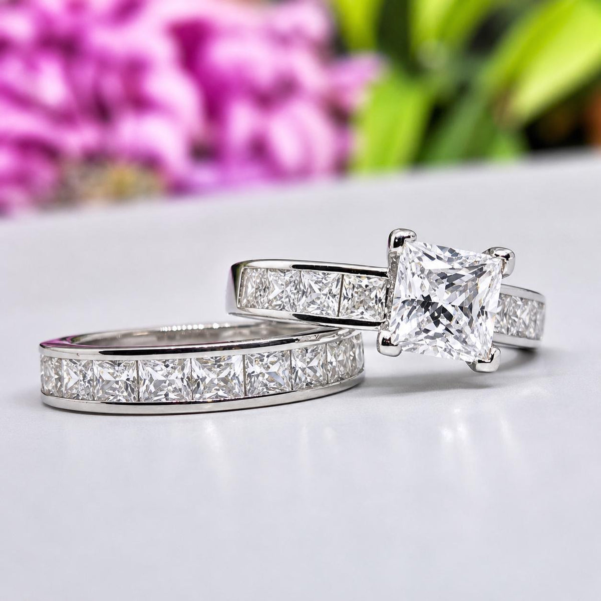 Princess Cut 1.5 Carat Moissanite Sterling Silver Engagement Ring Set