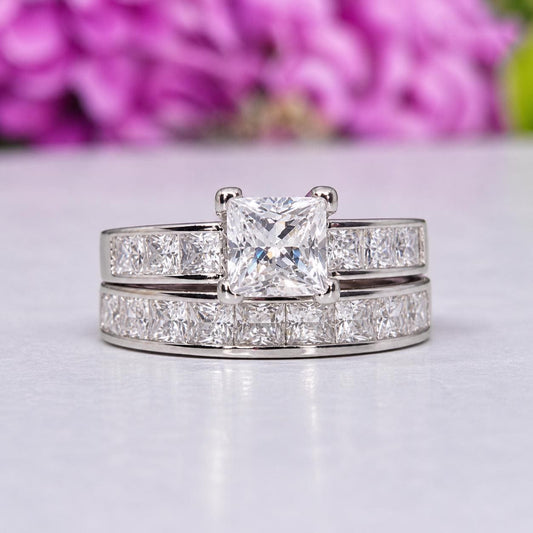 Princess Cut 1.5 Carat Moissanite Sterling Silver Engagement Ring Set